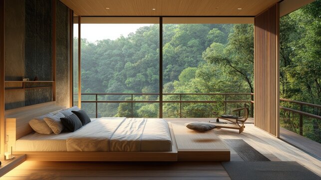 Fototapeta Modern eco-friendly hotel room opening onto a balcony with a forest landscape. Railing and natural materials complement the serene view.