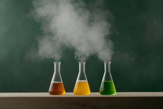 A laboratory setup with colorful chemical reactions in glass beakers, showcasing chemistry in action. A chemist conducting experiments.


