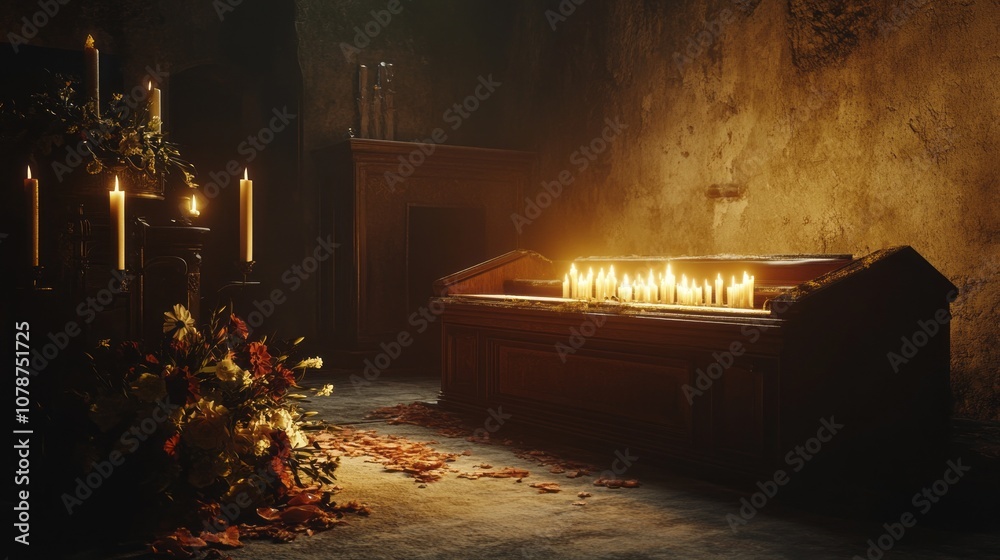Poster a casket with candles in it is lit up in a dark room