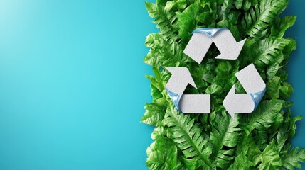Eco-Friendly Recycling Concept with Recycle Symbol Surrounded by Lush Green Leaves on a Bright Blue Background for Sustainability and Environmental Awareness