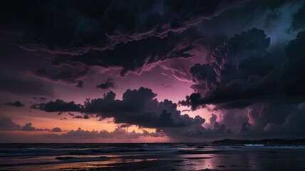 Dramatic lightning storm over a calm ocean at sunset.