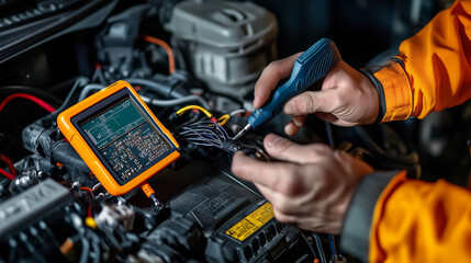 Technician hands of a car mechanic tightening a bolt on an engine