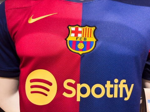 Macro closeup of the official t-shirt of the football club, Barcelona from Spain. Soccer. Rio de Janeiro, RJ, Brazil. 09 November 2024