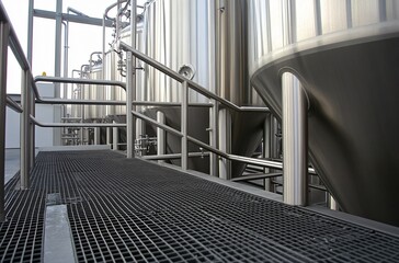 Naklejka premium Stainless Steel Beer Tanks Industrial Setting