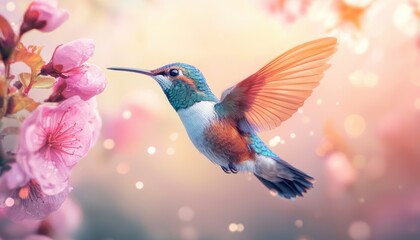 Fototapeta premium A vibrant hummingbird hovering near delicate pink flowers, capturing the essence of nature's beauty and harmony.