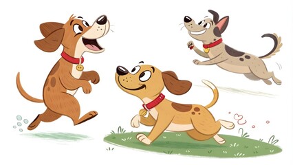 Fototapeta premium Cartoon Dogs in Fun Poses - Running, Sitting, and Jumping Animation Style, Playful Dog Cartoon Collection