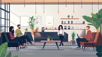 Four People Working on Laptops in a Modern Cafe