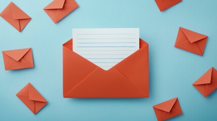 Email communication concept. A vibrant orange envelope with a letter inside, surrounded by smaller envelopes on a blue background.