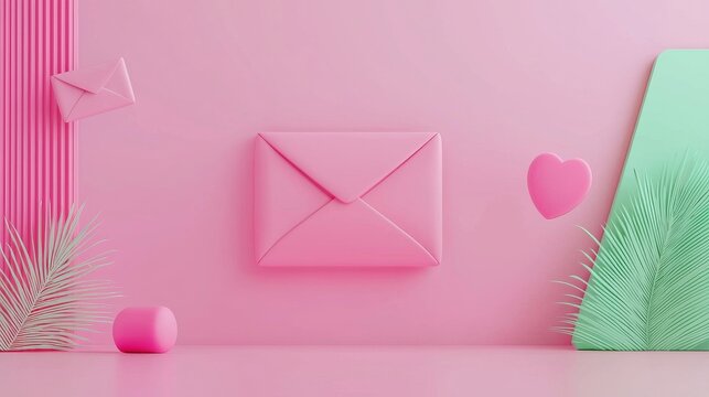 Email communication concept. A vibrant still life featuring a pink envelope, hearts, and geometric shapes against a soft pink and green backdrop, evoking a playful, romantic theme.