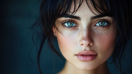 Fototapeta premium Close-up Portrait of a Woman with Blue Eyes and Freckles