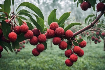 Obraz premium A lychee branch heavy with ripe red lychees in an orchard with a soft morning mist, Ai Generated
