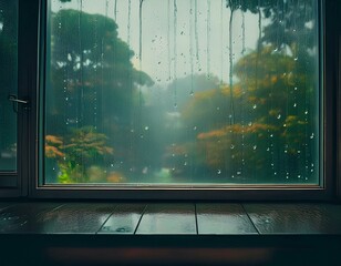 View through wet window glass to the garden on a rainy foggy day. 