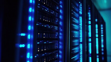 Data Center Servers with Blue Lights
