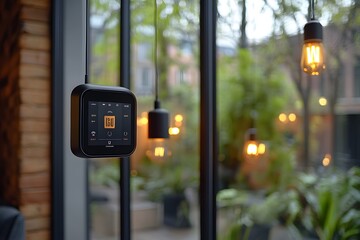 A modern device hangs in a bright space with plants and warm lights, enhancing ambiance.