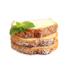 Slices of freshly baked sponge cake isolated on white