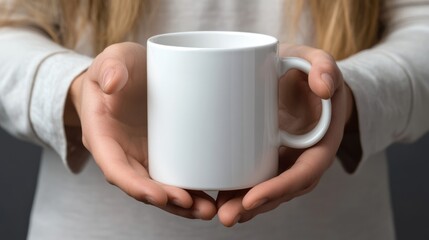 A person holding a plain white mug, suggesting warmth or a beverage.