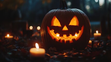Spooky Halloween Pumpkin with Glowing Face in the Dark