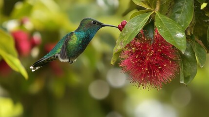 Naklejka premium Vibrant Green Hummingbird Feeding on a Red Flower