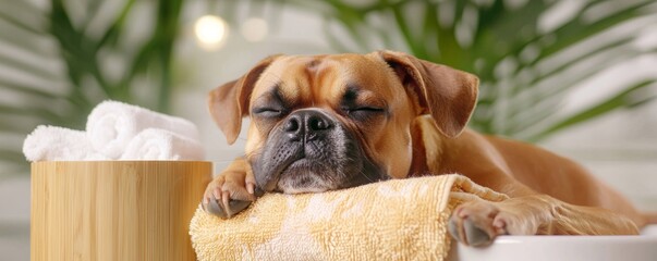A relaxed dog sleeps on a cloth, surrounded by towels and greenery, creating a serene and cozy atmosphere.