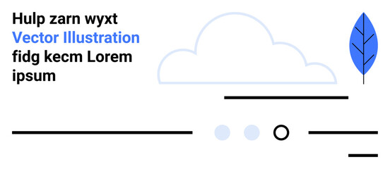 Text blocks, blue leaf, cloud, horizontal lines, circles, and minimalist design combined in a clean and modern illustration. Ideal for web design, user interface, branding, nature themes, simplicity