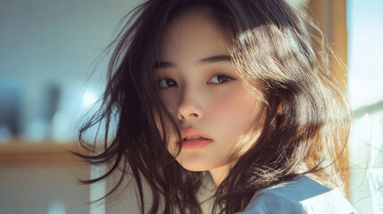 Fototapeta premium A young woman with an introspective gaze, bathed in natural light and accentuated by dramatic shadows, evoking a sense of mystery and depth.
