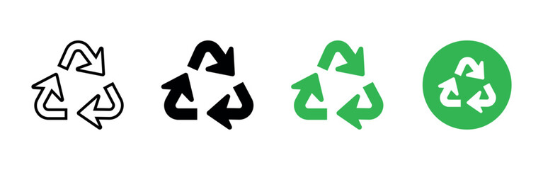 Recycle, waste, reuse vector icons set. Rotation arrows on white background. Flat recycling simple pictograms collection for web and packaging.