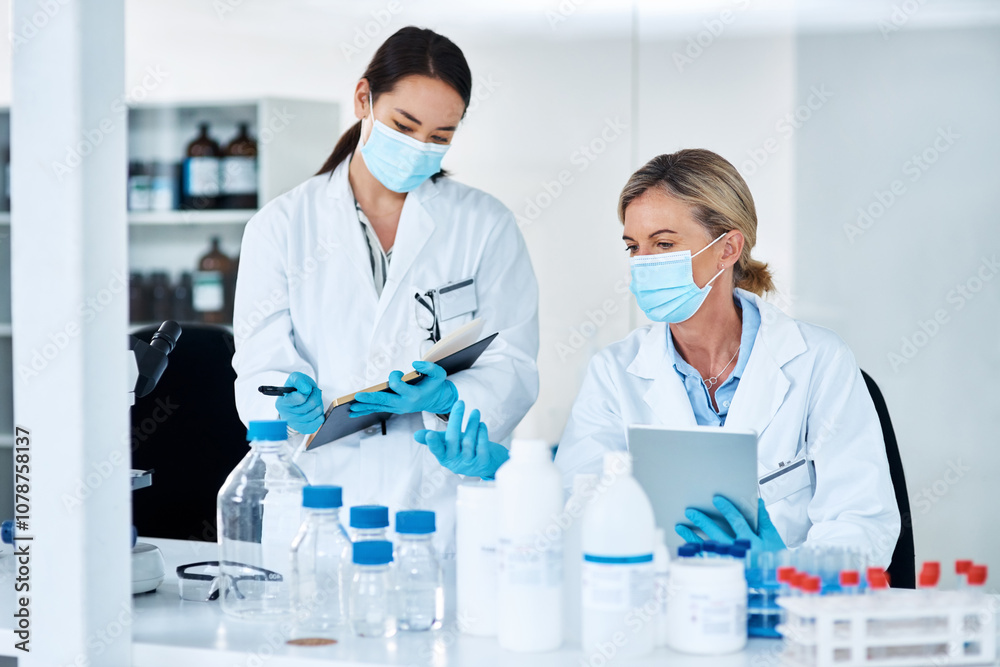 Poster women, scientist and discussion in lab with notes, tablet and review for experiment results at pharm