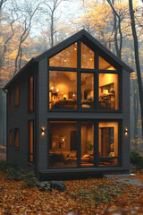 Modern cabin with large windows in the woods, with warm interior lights visible.