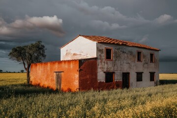 Abandoned farmhouse in a field with dramatic clouds in the sky.