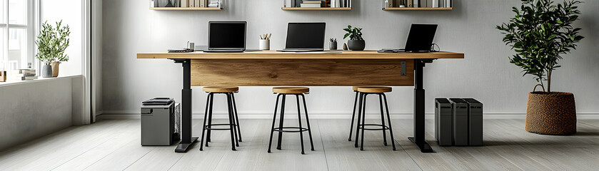 Modern office workspace with standing desk, laptops, and plants.