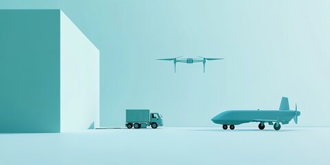Abstract Marketing Background Featuring a 3D Rendering of Drones and Cargo Transportation Against a Light Blue Backdrop. This Design Emphasizes Minimalism with Advanced Technology Elements, Realistic 