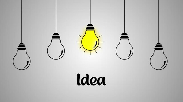 Set of hanging light bulbs with one glowing. Trendy flat vector light bulb icons with concept of idea on white background.
