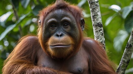 Fototapeta premium A young orangutan sits in a tree with a serious expression, looking directly at the camera.