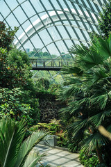 A greenhouse with a glass dome, lush greenery, and a bridge against a natural backdrop