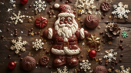 Festive chocolate Santa surrounded by holiday decorations on a wooden table