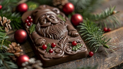 Festive chocolate Santa surrounded by greenery and ornaments during the holiday season