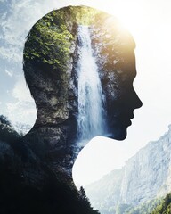 Explore the harmony of nature and mind in a stunning double exposure of a waterfall within a human silhouette