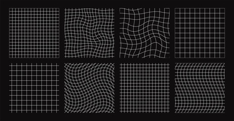 Distorted grid seamless patterns, retro futuristic wireframe. White linear geometric grids, lattice or mesh with distortion effect, abstract wavy line checkered background vector set