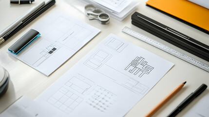 Top view of a white desk with design sketches, pencils, a ruler, and other office supplies.