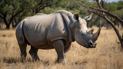 Fototapeta premium A white rhinoceros stands in a dry, grassy field with trees in the background.
