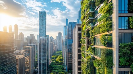 Obraz premium A modern cityscape with a green building covered in plants, showcasing sustainable urban development and eco-friendly architecture.
