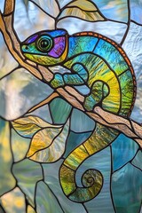 Vibrant stained glass depicting a colorful chameleon on a branch, showcasing intricate detailing.