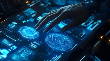 Futuristic hand touching holographic interface with glowing data. advanced technology showcases intricate designs and vibrant blue colors, creating captivating visual experience