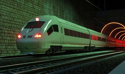Naklejka premium Abstract Marketing Background Featuring a 3D Rendering of a Fast-Moving Train in a Neon Light Tunnel. This Design Highlights Speed and Minimalism with Advanced Technology Elements, Realistic Details, 
