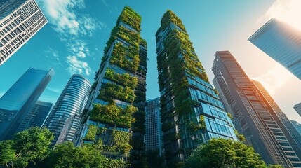 Fototapeta premium Two green skyscrapers with lush vegetation on their facades, surrounded by other buildings in a city.
