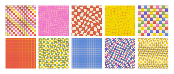 Groovy 70s style checkered seamless patterns, psychedelic checkerboard texture, vintage hippie aesthetic backgrounds. Retro pattern with distorted grid tile, funky fashion textile print vector set