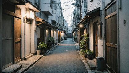 A narrow alleyway in Japan is lined with traditional wooden doors and potted plants, lit by street lamps