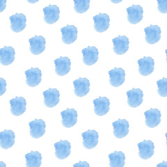 Blue stains background. Seamless abstract watercolor pattern with hand drawn ovals, blot, spot, stain in polka dots style for wallpapers design, textile, fabric texture