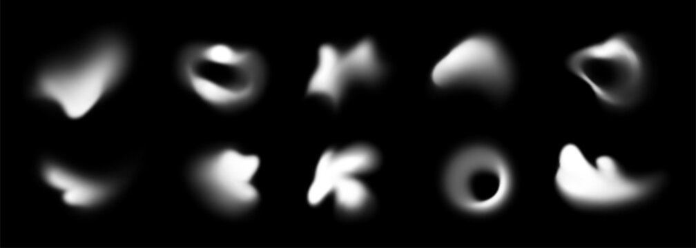 Abstract forms with blur effect, white blurry shapes. Different fluid shapes with soft edges, glowing blurred spots and dynamic forms, modern graphic elements on black background vector set