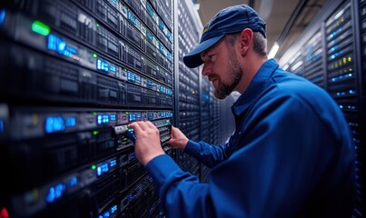 IT Engineer in big database server center office, High Speed Data Transfer, Server Transfer, Technology Science Breakethrough, Progress, Innovation Concept